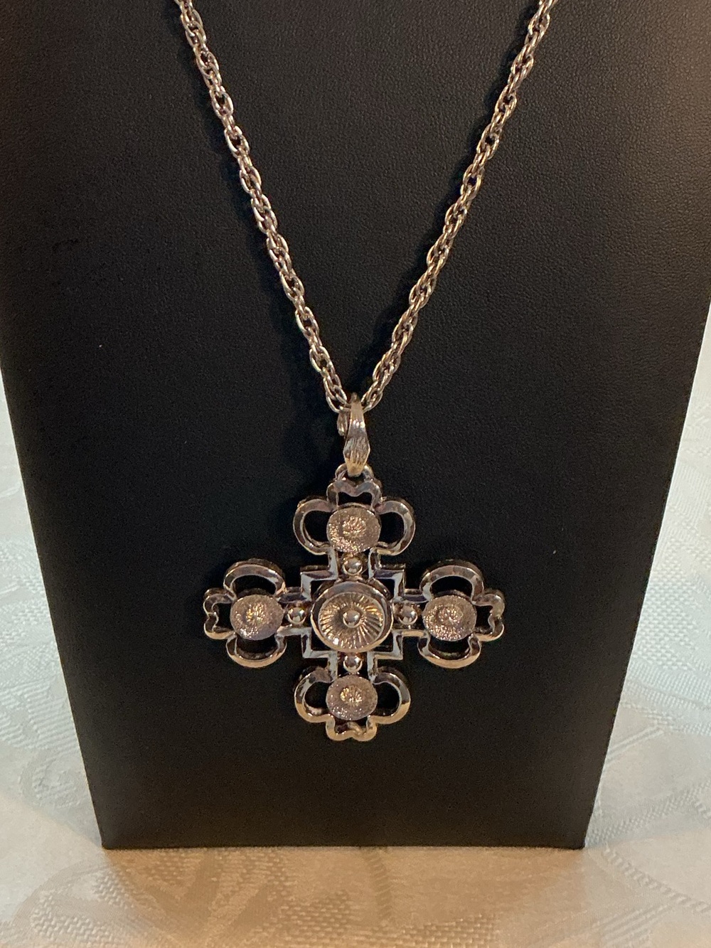 Ornate Byzantine/Maltese Ornate Textured Cross Silver Tone Pendant Necklace
